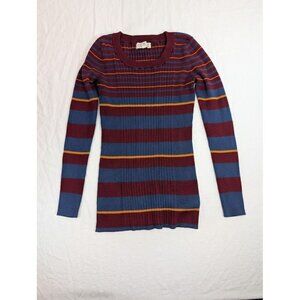 Pink Rose women's size large burgundy blue orange ribbed stripped sweater T4